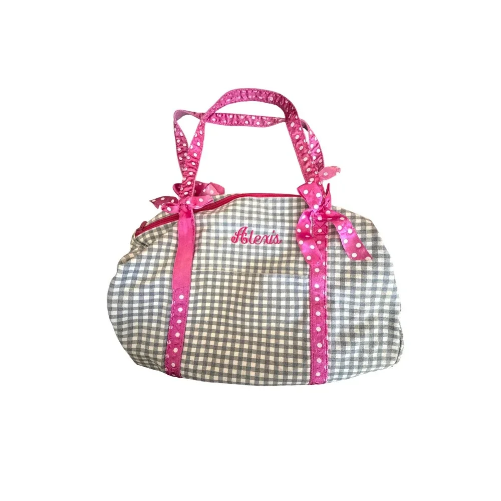 Lillian Vernon Tote Bag Girls OS Pink Grey Gingham Polka Dot‎ Bows 